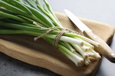 Gri masada taze soğan ve bıçak var. Yakın plan.