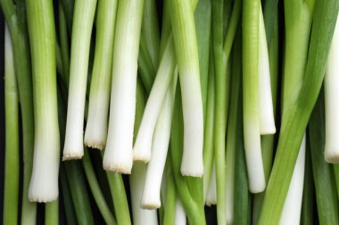 Fresh green onions as background, top view