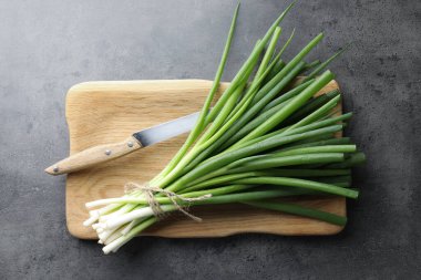 Taze yeşil soğan ve bıçak gri masada, üst tarafta.