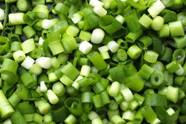 Arka plan olarak taze yeşil soğan kes, üst görünüm