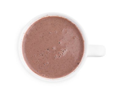 Beyaz bardaktaki leziz sıcak kakao, üst manzara.