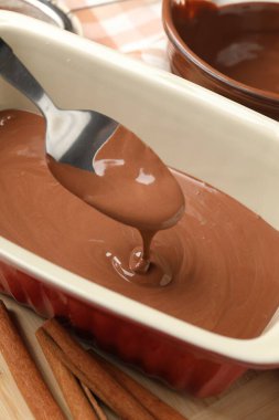 Masadaki yemek kabından kaşıkla çikolata hamuru alıp...