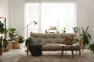 Kanepesi ve çiçekleri olan şık bir oturma odası. İç tasarım