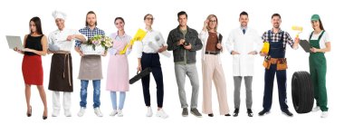 Meslek seçiyorum. Beyaz arka planda farklı mesleklerden insanlar