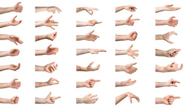 Erkek elleri beyazın üzerinde izole edilmiş. Jest koleksiyonu