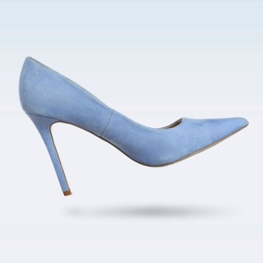 Beyaz arka planda mavi, yüksek topuklu ayakkabı.