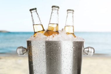 Denize yakın sahilde buzlu metal kovada bira. Tazeleyici yaz içeceği