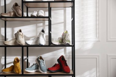 Mağazada farklı ayakkabıları olan ayakkabı deposu, metin için boşluk