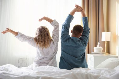 Evdeki yatakta gerinen sevimli bir çift. Arka manzara.