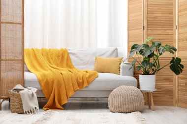 Canavar bitkisi ve rahat kanepesi olan şık bir oda. İç tasarım