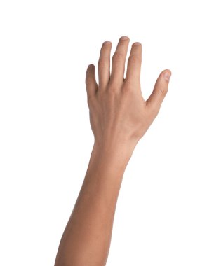 Elini beyaz arka planda gösteren adam, yakın plan.