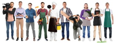 Meslek seçiyorum. Beyaz arka planda farklı mesleklerden insanlar