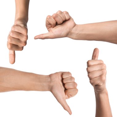 Beyaz arka planda baş parmak gösteren adamlar, yakın plan. Erkek eli koleksiyonu