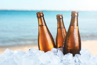 Denize yakın buzlu bira şişeleri. Tazeleyici yaz içeceği