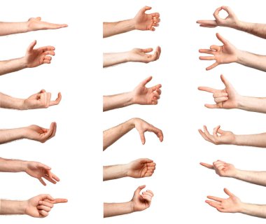 Erkek elleri beyazın üzerinde izole edilmiş. Jest koleksiyonu