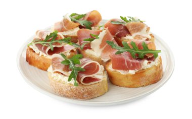 Krem peynirli, jambonlu ve roka soslu nefis bruschettalar.