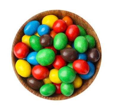 Beyaz, üst manzara izole kasede nefis renkli şekerler.