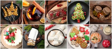 Noel yemekleri ve içecekler kolajla birleştirildi. Şenlikli yemek.