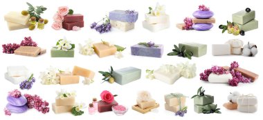 Farklı kokulu sabun çubukları beyaz sette izole edilmiş.