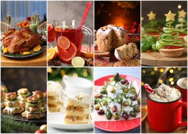 Noel yemekleri ve içecekler kolajla birleştirildi. Şenlikli yemek.