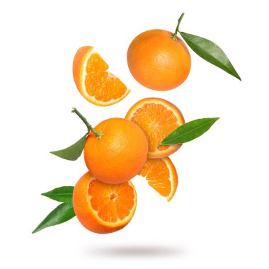 Beyaz arka plana düşen taze mandalina ve yeşil yapraklar. Citrus meyvesi.