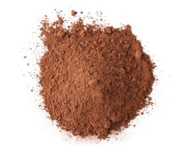 Beyaz üzerine izole edilmiş kakao tozu yığını, üst görünüm