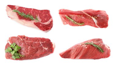 Çiğ et parçaları ve baharatlar beyaz, set üzerinde izole