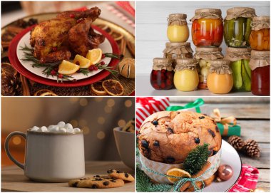 Noel tabakları, içki ve konserve yiyecek kavanozları kolaj haline getirildi. Şenlikli yemek.