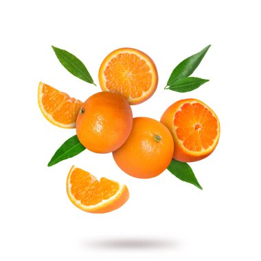 Beyaz arka plana düşen taze mandalina ve yeşil yapraklar. Citrus meyvesi.