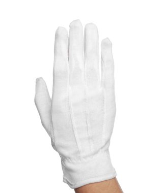 Beyaz arka planda, kumaş eldivenli kadın, yakın plan.