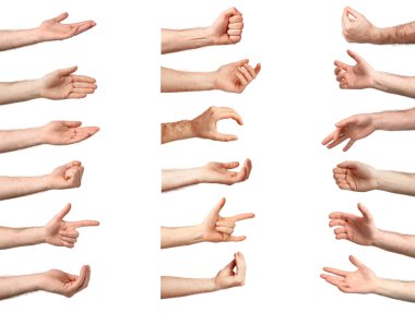 Erkek elleri beyazın üzerinde izole edilmiş. Jest koleksiyonu