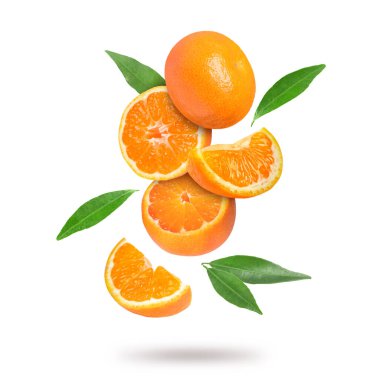 Beyaz arka plana düşen taze mandalina ve yeşil yapraklar. Citrus meyvesi.