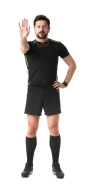 Hakem düdüğü çalıyor ve beyaz arkaplanda dur işareti gösteriyor