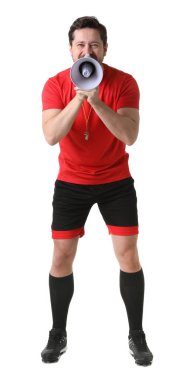 Hakem beyaz arka planda megafonla bağırıyor