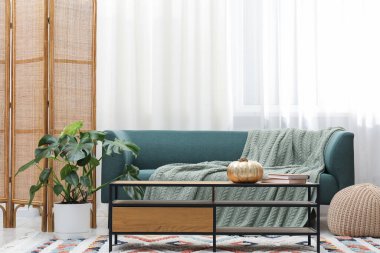 Canavar çiçekli şık bir oda, rahat bir kanepe ve masa. İç tasarım