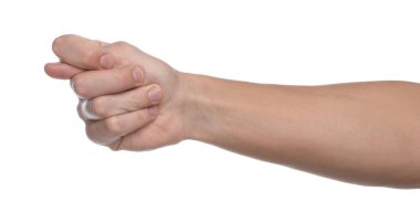 Beyaz arka planda incir jesti gösteren adam, yakın plan