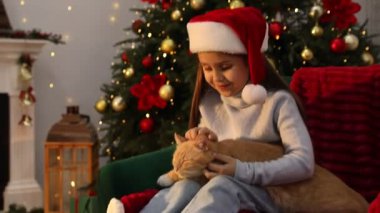 Noel Baba şapkalı küçük bir kız ve Noel için dekore edilmiş şirin kedisi koltukta oturuyor. Kamera ileri gidiyor