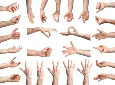 Erkek elleri beyazın üzerinde izole edilmiş. Jest koleksiyonu