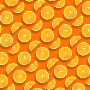 Citrus meyve deseni. Renkli arkaplanda dilimlenmiş portakallar