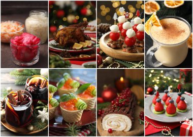 Noel yemekleri ve içecekler kolajla birleştirildi. Şenlikli yemek.