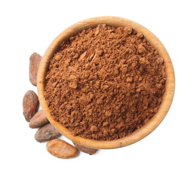 Tahta kasede kakao tozu ve beyaz fasulye, üst manzara.