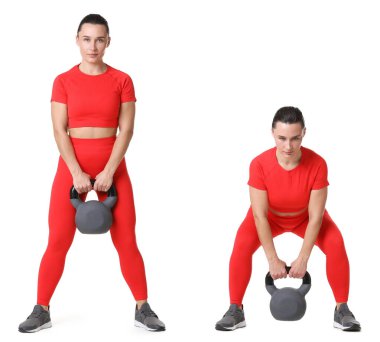 Kettlebell 'le egzersiz yapan bir kadın. Beyaz arkaplanda kolaj