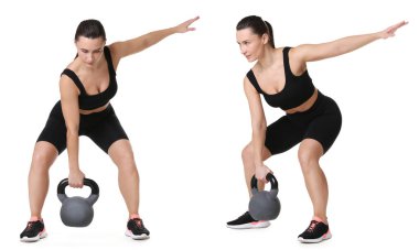 Kettlebell 'le egzersiz yapan bir kadın. Beyaz arkaplanda kolaj