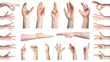 Erkek elleri beyazın üzerinde izole edilmiş. Jest koleksiyonu