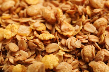Arkaplan olarak lezzetli granola yığını, yakın plan