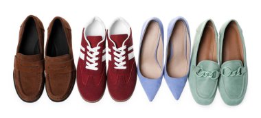 Farklı güzel ayakkabılar. Beyaz, üst manzara.