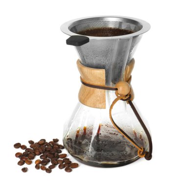 Beyaz kahve, filtre ve fasulyeli cam kimya kahve makinesi.