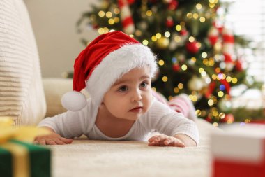 Evdeki kanepede Noel Baba şapkalı şirin bir bebek var. Noel sezonu