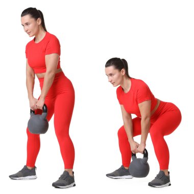 Kettlebell 'le egzersiz yapan bir kadın. Beyaz arkaplanda kolaj