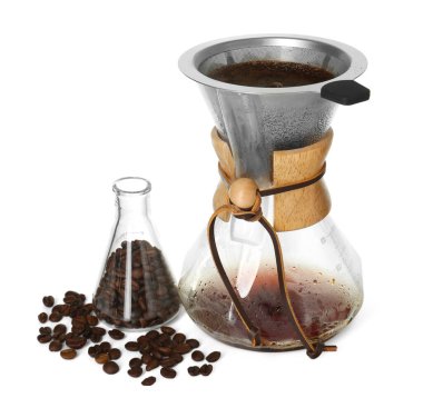 Beyaz kahve, matara ve fasulyeli cam kimya kahve makinesi.